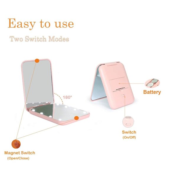 Women's Pink Pocket Mirror,1X/3X 2-Sided LED Compact Portable, Folding, Handhel - Picture 6 of 6